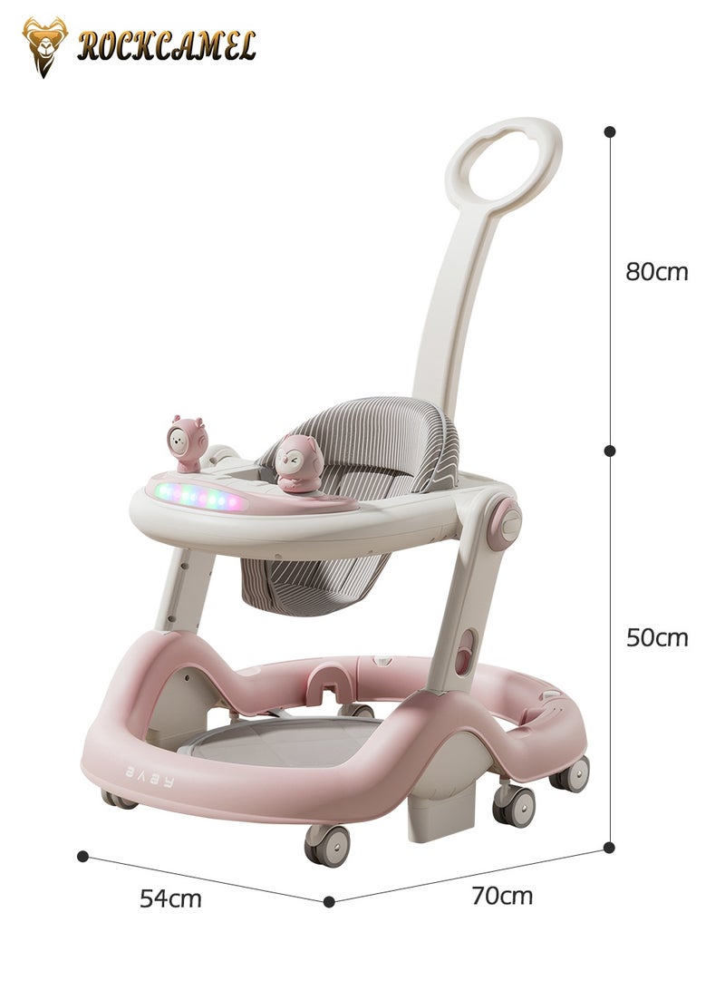 ROCKCAMEL 3-in-1 Foldable Baby Walker, Adjustable Height Anti-Tip Activity Walker with Music, Push Handle, Removable Tray & Footrest, Convertible Sit-to-Stand Learning Walker for Baby 7-18 Months, Pink - Image 3